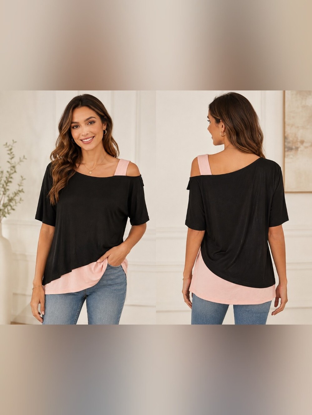 SHEIN Black Cold-Shoulder Layered Tank Top with Pink Underlayer